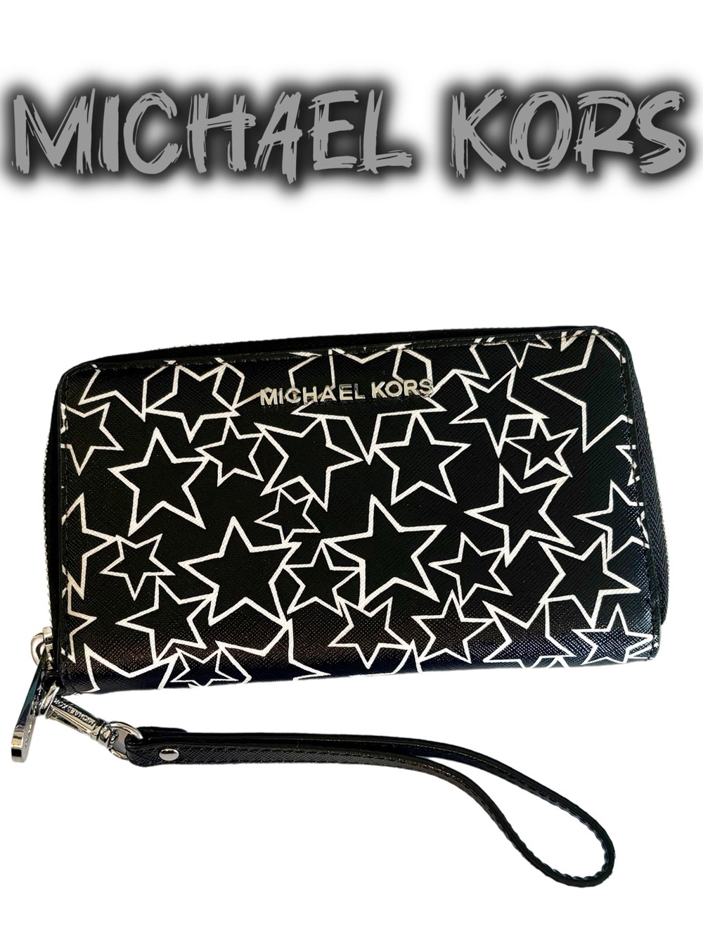 Michael Kors Black + White Saffiano Leather Card Case Wallet with Sling